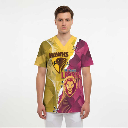 Personalised Hawks and Lions Inspired Scrub Top Dynamic Style - Aussie Hoodie