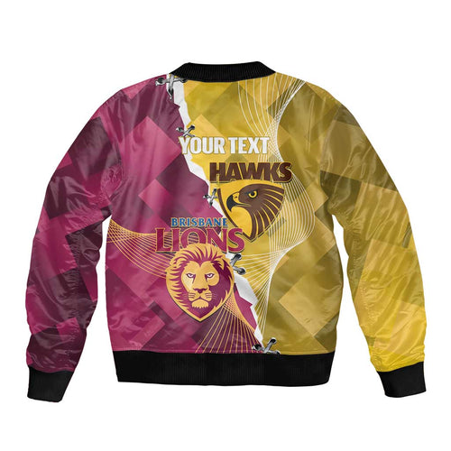 Personalised Hawks and Lions Inspired Sleeve Zip Bomber Jacket Dynamic Style - Aussie Hoodie