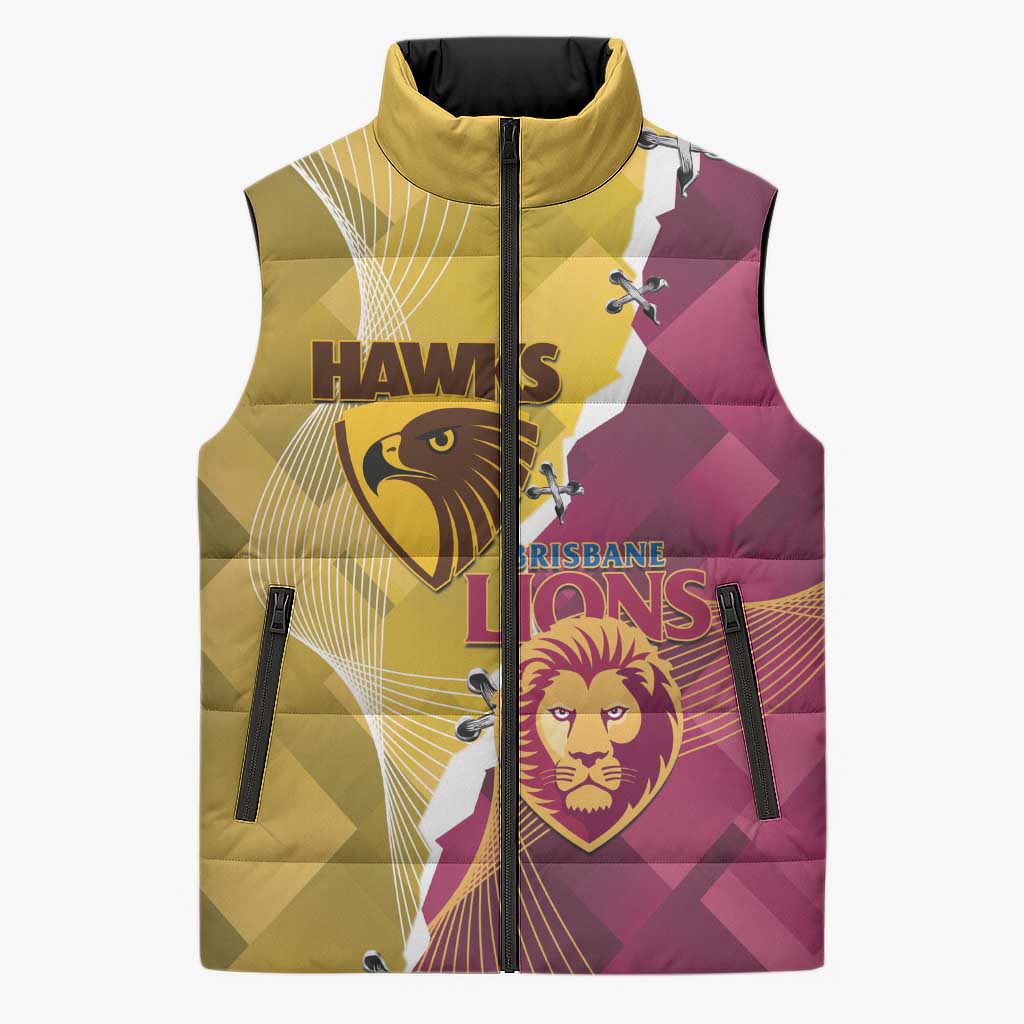 Personalised Hawks and Lions Inspired Sleeveless Puffer Jacket Dynamic Style - Aussie Hoodie