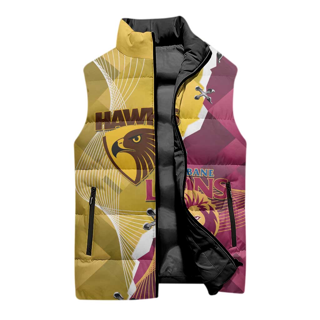 Personalised Hawks and Lions Inspired Sleeveless Puffer Jacket Dynamic Style - Aussie Hoodie