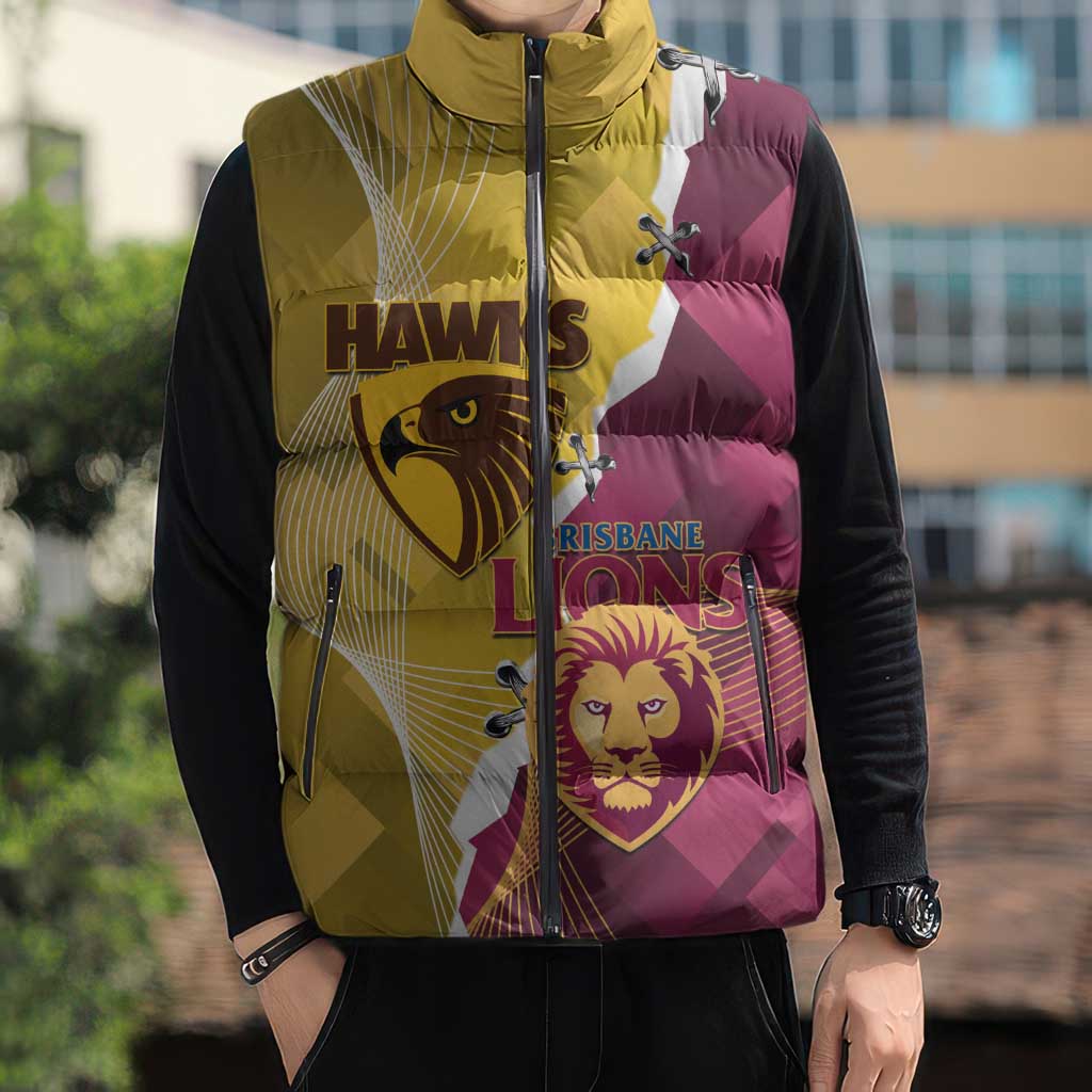 Personalised Hawks and Lions Inspired Sleeveless Puffer Jacket Dynamic Style - Aussie Hoodie