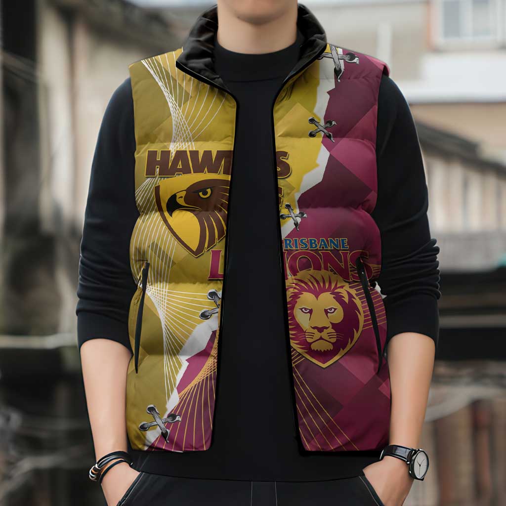 Personalised Hawks and Lions Inspired Sleeveless Puffer Jacket Dynamic Style - Aussie Hoodie