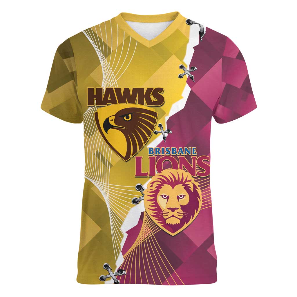 Personalised Hawks and Lions Inspired Women V-Neck T-Shirt Dynamic Style - Aussie Hoodie