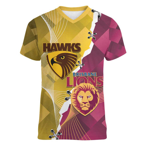 Personalised Hawks and Lions Inspired Women V-Neck T-Shirt Dynamic Style - Aussie Hoodie