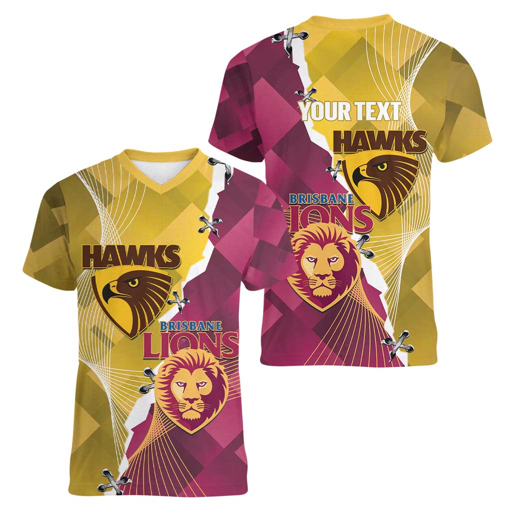 Personalised Hawks and Lions Inspired Women V-Neck T-Shirt Dynamic Style - Aussie Hoodie