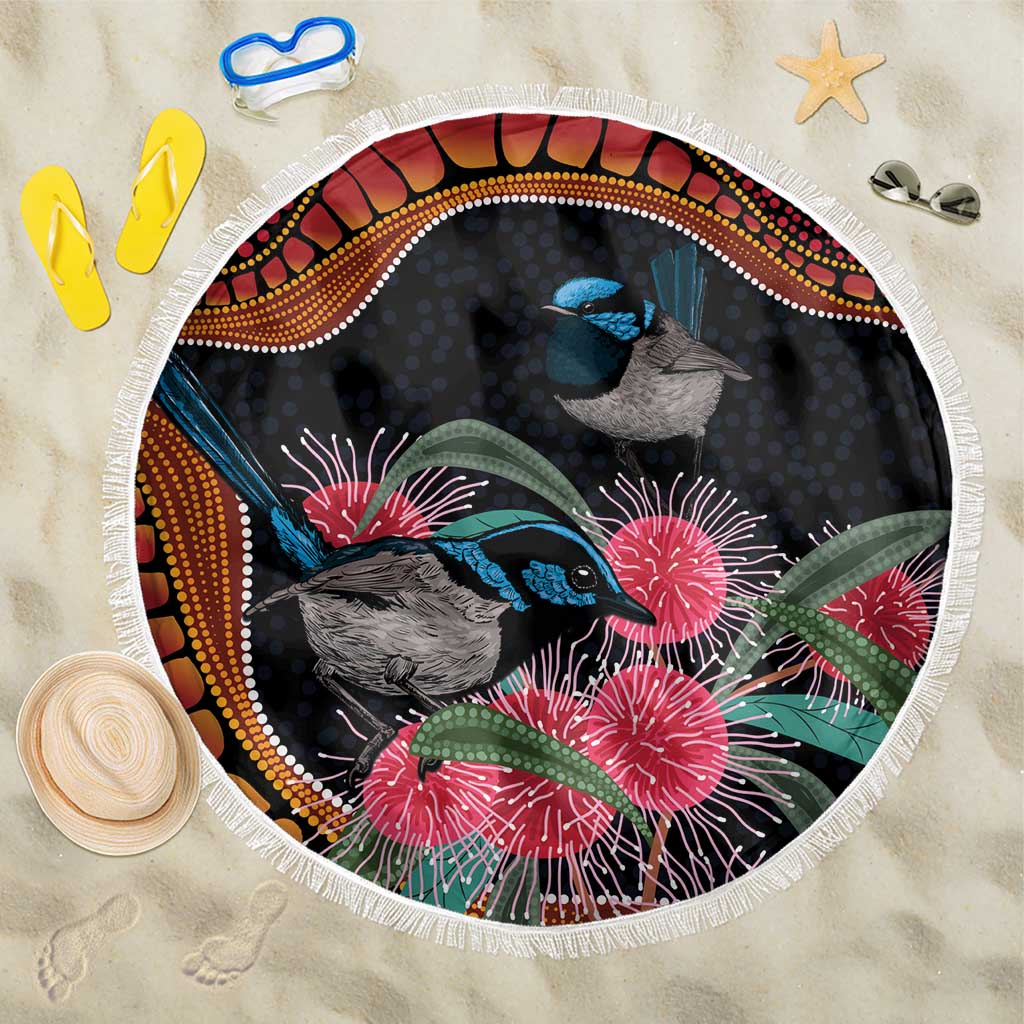 Hakea Flower And Fairy Wren Australia Beach Blanket Aboriginal Art