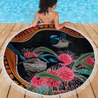 Hakea Flower And Fairy Wren Australia Beach Blanket Aboriginal Art