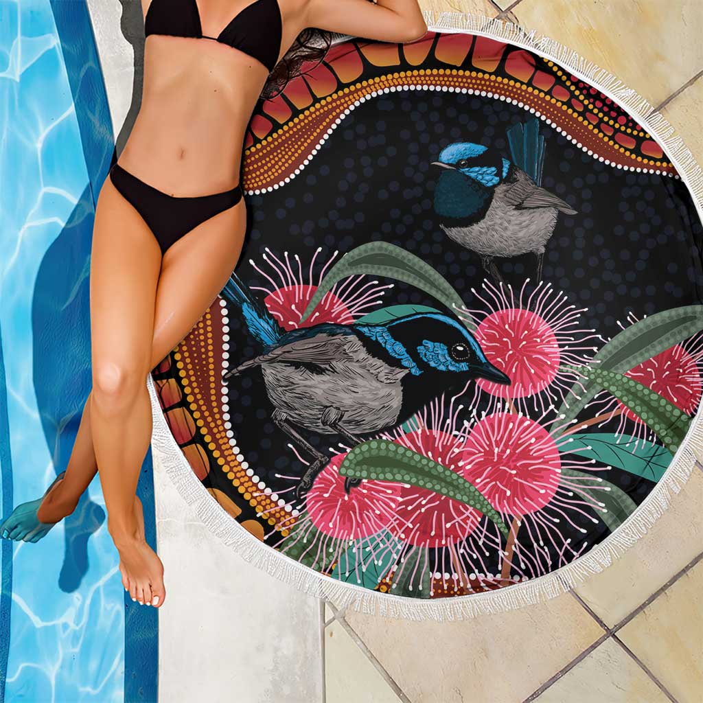 Hakea Flower And Fairy Wren Australia Beach Blanket Aboriginal Art