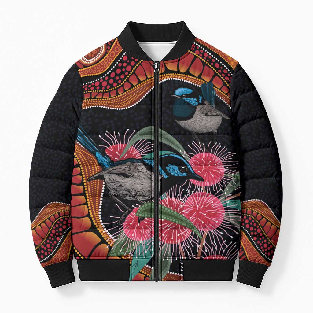 Hakea Flower And Fairy Wren Australia Bomber Puffer Jacket Aboriginal Art - Aussie Hoodie