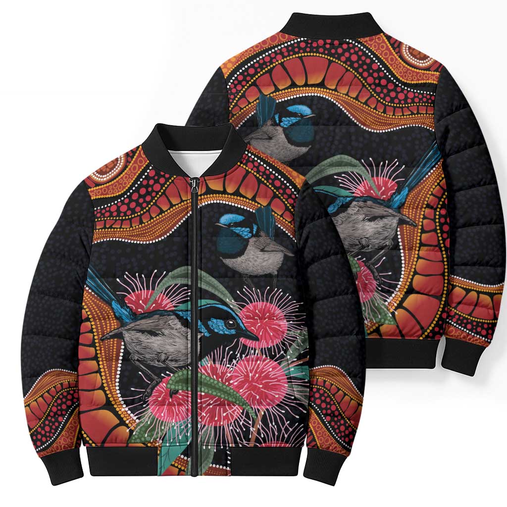 Hakea Flower And Fairy Wren Australia Bomber Puffer Jacket Aboriginal Art - Aussie Hoodie