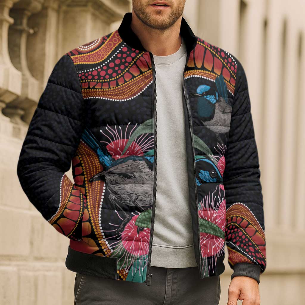 Hakea Flower And Fairy Wren Australia Bomber Puffer Jacket Aboriginal Art - Aussie Hoodie