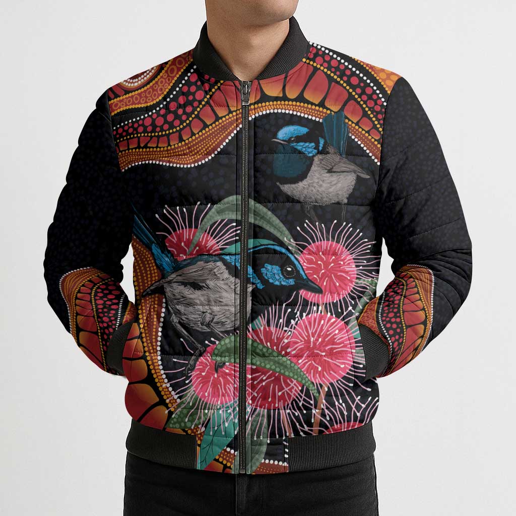 Hakea Flower And Fairy Wren Australia Bomber Puffer Jacket Aboriginal Art - Aussie Hoodie