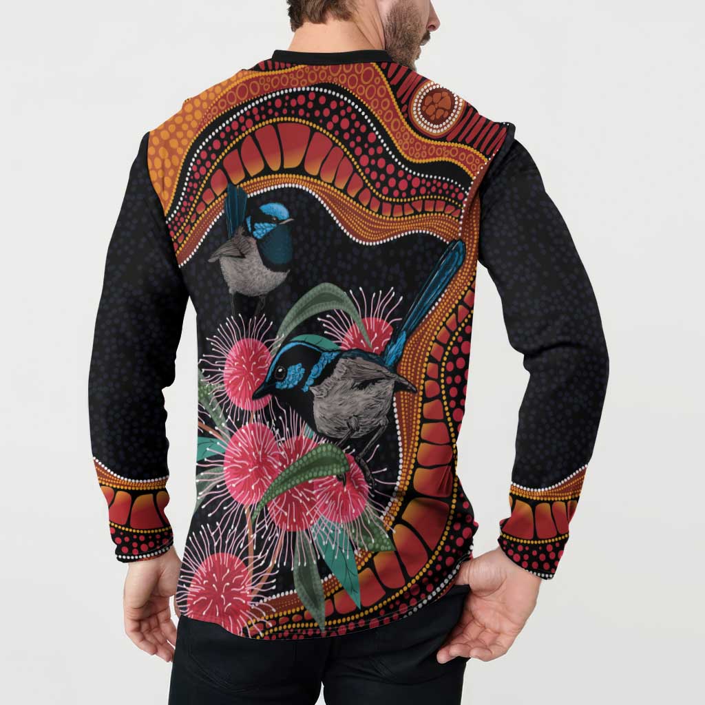 Hakea Flower And Fairy Wren Australia Button Sweatshirt Aboriginal Art