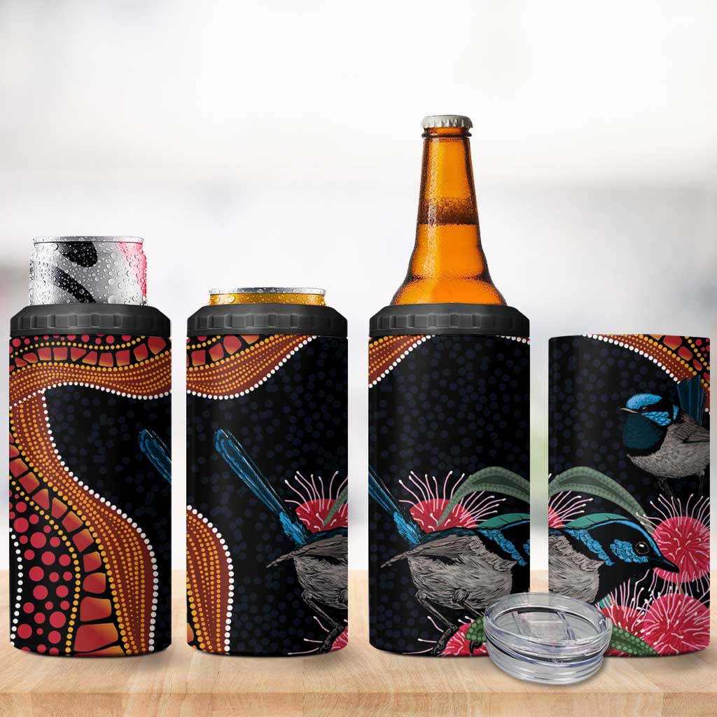 Hakea Flower And Fairy Wren Australia 4 in 1 Can Cooler Tumbler Aboriginal Art