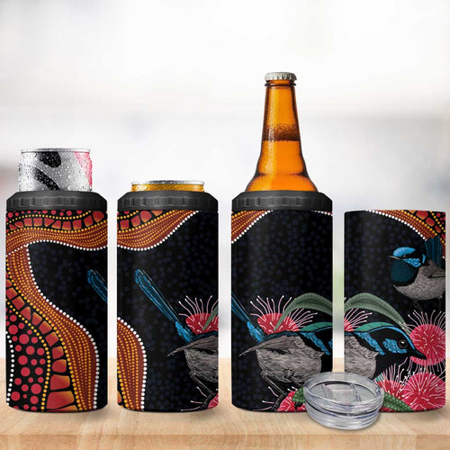 Hakea Flower And Fairy Wren Australia 4 in 1 Can Cooler Tumbler Aboriginal Art