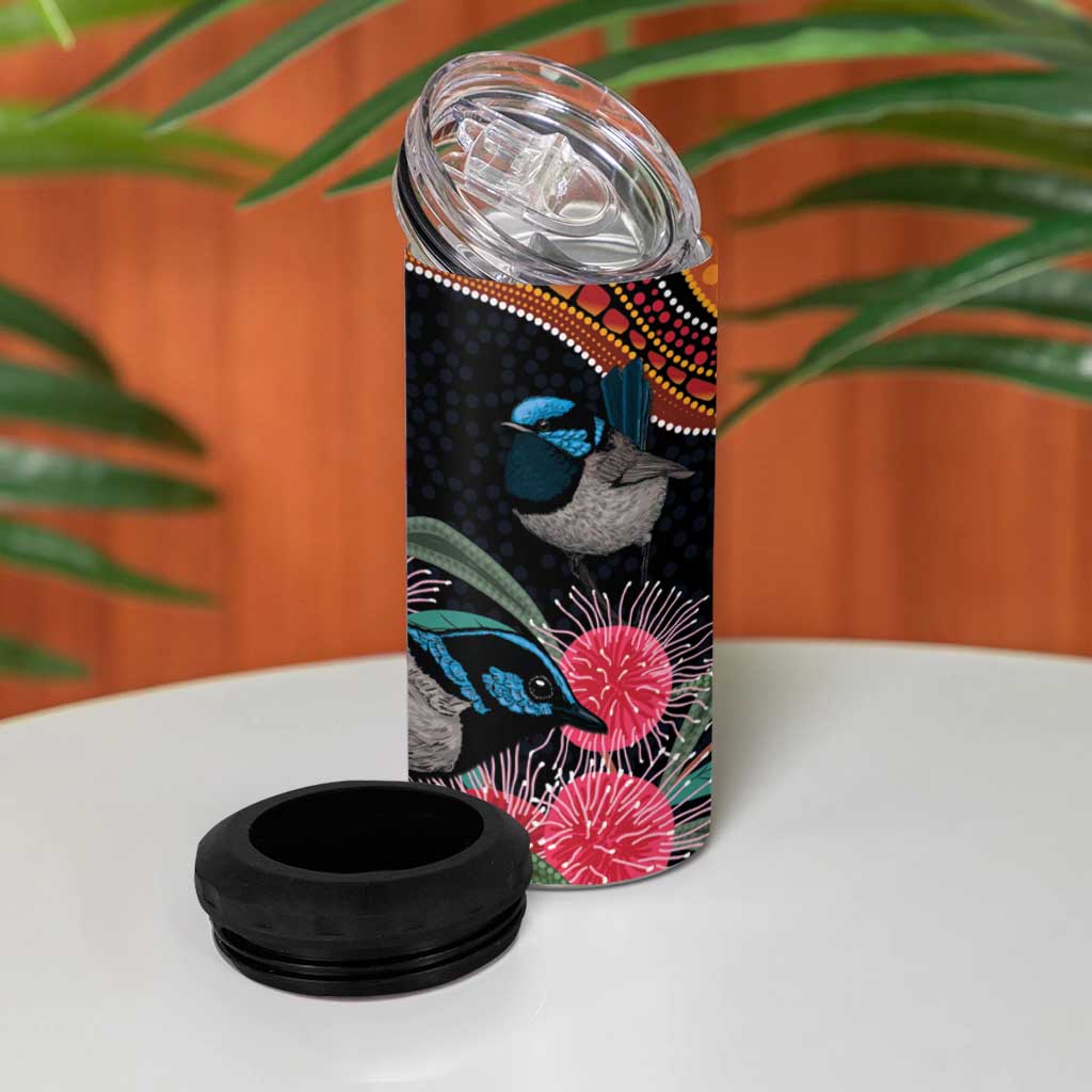 Hakea Flower And Fairy Wren Australia 4 in 1 Can Cooler Tumbler Aboriginal Art