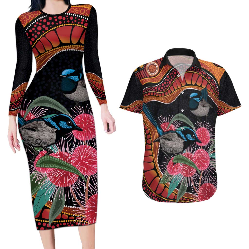 Hakea Flower And Fairy Wren Australia Couples Matching Long Sleeve Bodycon Dress and Hawaiian Shirt Aboriginal Art