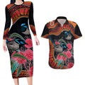 Hakea Flower And Fairy Wren Australia Couples Matching Long Sleeve Bodycon Dress and Hawaiian Shirt Aboriginal Art