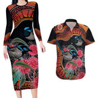 Hakea Flower And Fairy Wren Australia Couples Matching Long Sleeve Bodycon Dress and Hawaiian Shirt Aboriginal Art