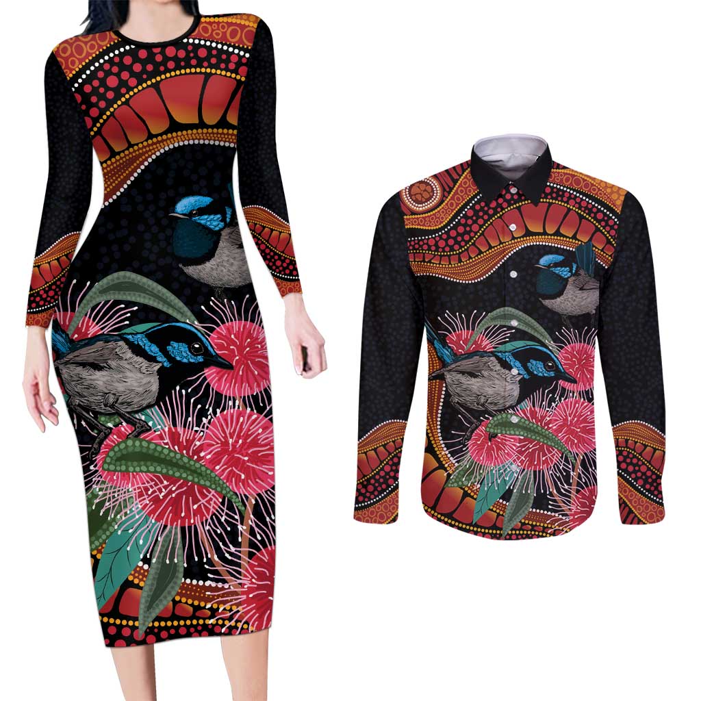 Hakea Flower And Fairy Wren Australia Couples Matching Long Sleeve Bodycon Dress and Long Sleeve Button Shirt Aboriginal Art