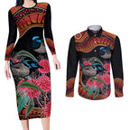 Hakea Flower And Fairy Wren Australia Couples Matching Long Sleeve Bodycon Dress and Long Sleeve Button Shirt Aboriginal Art