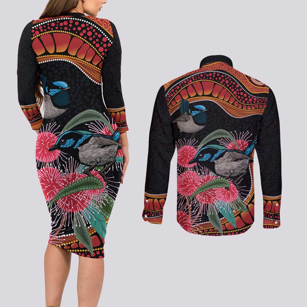 Hakea Flower And Fairy Wren Australia Couples Matching Long Sleeve Bodycon Dress and Long Sleeve Button Shirt Aboriginal Art