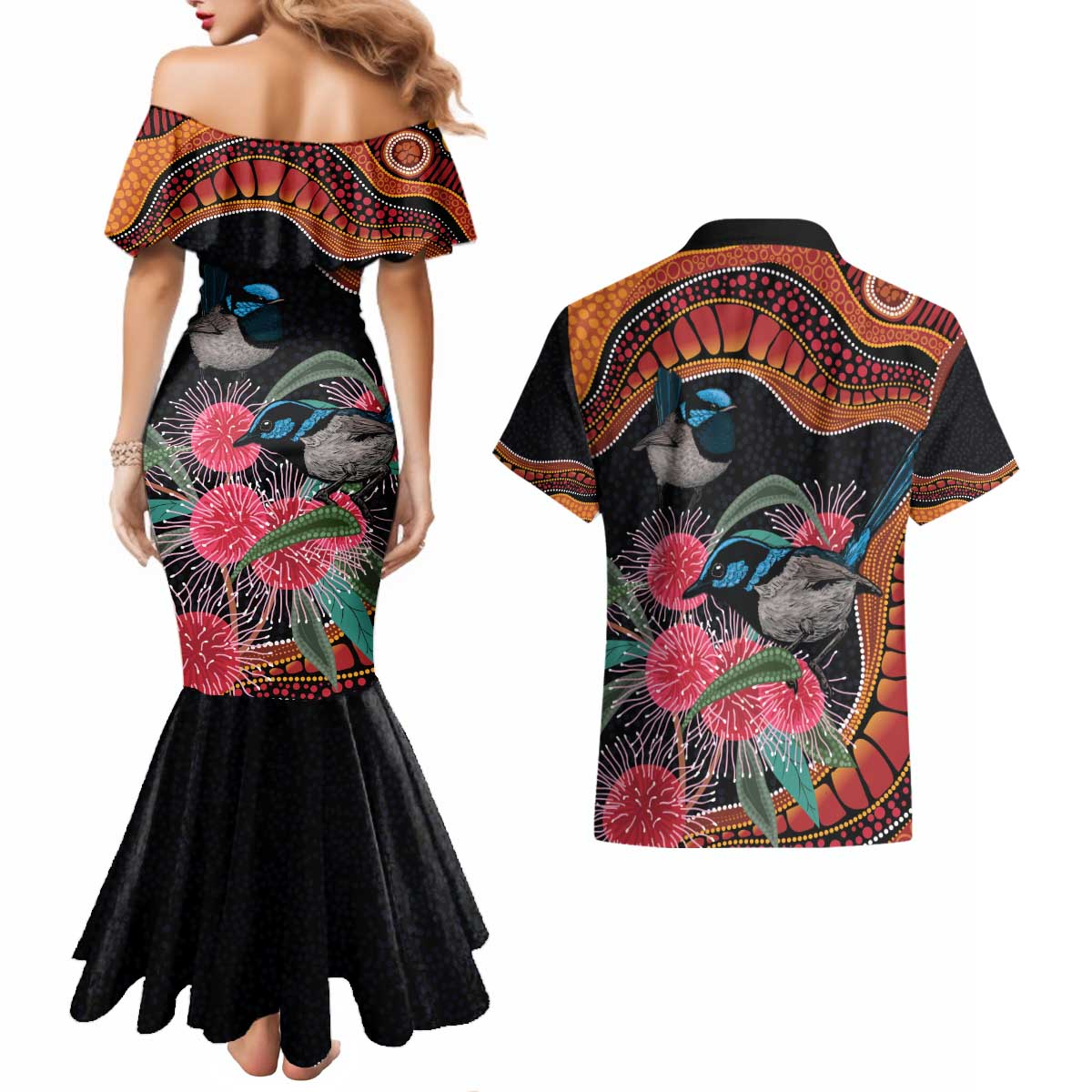 Hakea Flower And Fairy Wren Australia Couples Matching Mermaid Dress and Hawaiian Shirt Aboriginal Art