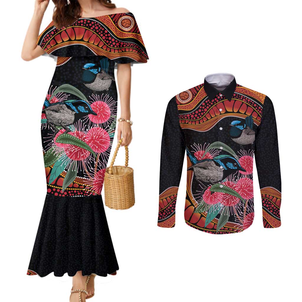 Hakea Flower And Fairy Wren Australia Couples Matching Mermaid Dress and Long Sleeve Button Shirt Aboriginal Art