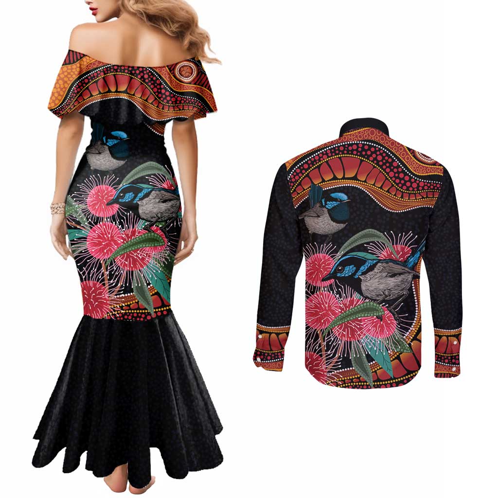Hakea Flower And Fairy Wren Australia Couples Matching Mermaid Dress and Long Sleeve Button Shirt Aboriginal Art