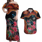 Hakea Flower And Fairy Wren Australia Couples Matching Off Shoulder Maxi Dress and Hawaiian Shirt Aboriginal Art