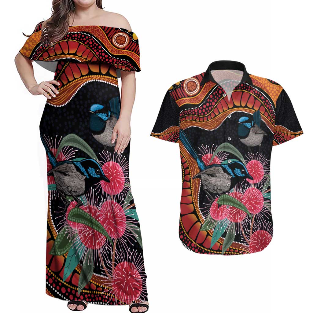 Hakea Flower And Fairy Wren Australia Couples Matching Off Shoulder Maxi Dress and Hawaiian Shirt Aboriginal Art