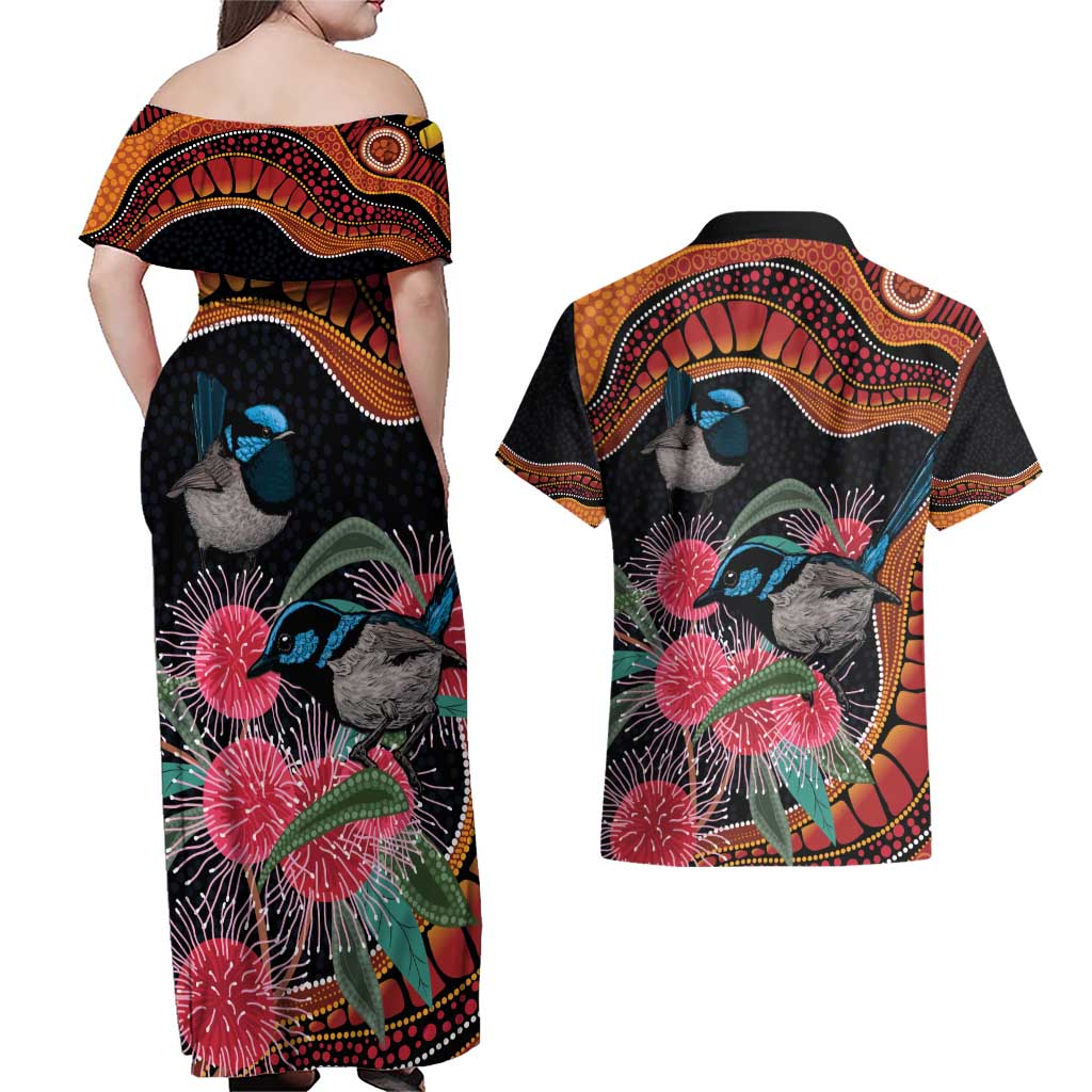 Hakea Flower And Fairy Wren Australia Couples Matching Off Shoulder Maxi Dress and Hawaiian Shirt Aboriginal Art