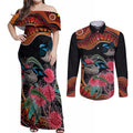 Hakea Flower And Fairy Wren Australia Couples Matching Off Shoulder Maxi Dress and Long Sleeve Button Shirt Aboriginal Art