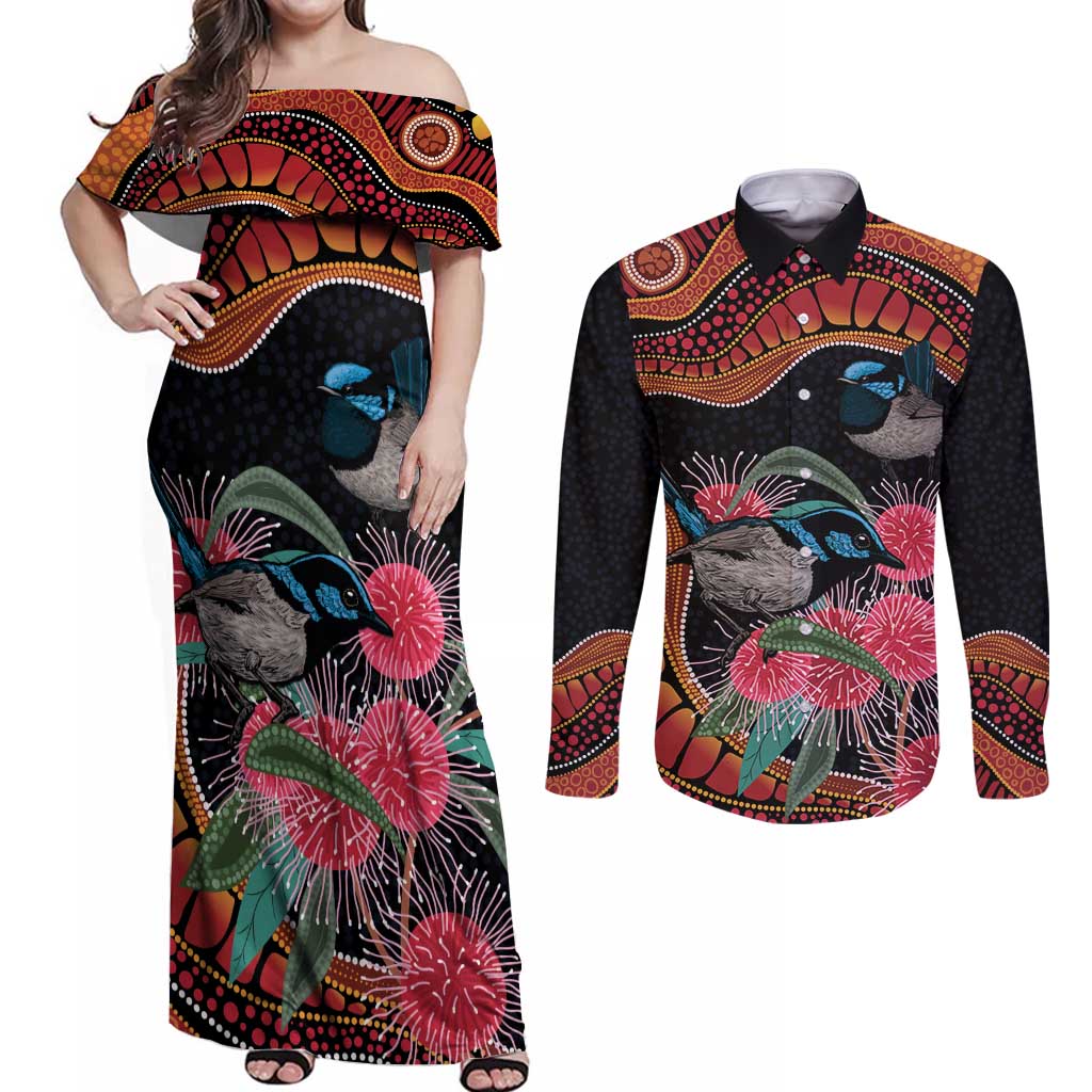 Hakea Flower And Fairy Wren Australia Couples Matching Off Shoulder Maxi Dress and Long Sleeve Button Shirt Aboriginal Art