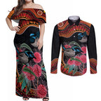 Hakea Flower And Fairy Wren Australia Couples Matching Off Shoulder Maxi Dress and Long Sleeve Button Shirt Aboriginal Art