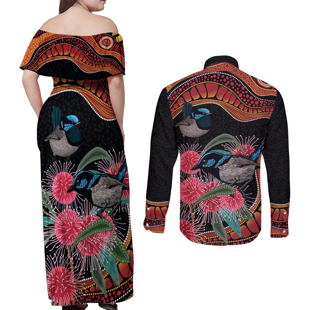 Hakea Flower And Fairy Wren Australia Couples Matching Off Shoulder Maxi Dress and Long Sleeve Button Shirt Aboriginal Art
