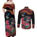 Hakea Flower And Fairy Wren Australia Couples Matching Off Shoulder Maxi Dress and Long Sleeve Button Shirt Aboriginal Art