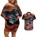 Hakea Flower And Fairy Wren Australia Couples Matching Off Shoulder Short Dress and Hawaiian Shirt Aboriginal Art