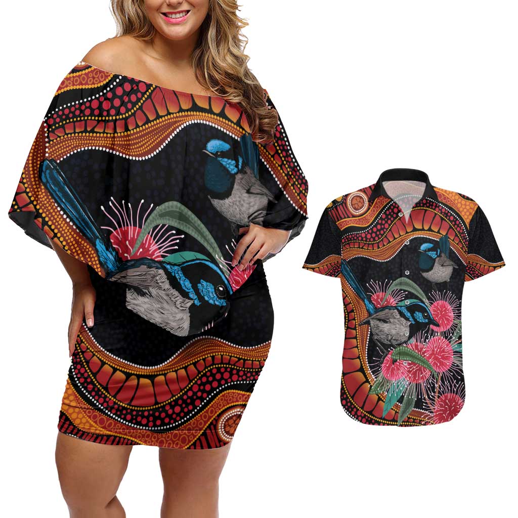 Hakea Flower And Fairy Wren Australia Couples Matching Off Shoulder Short Dress and Hawaiian Shirt Aboriginal Art
