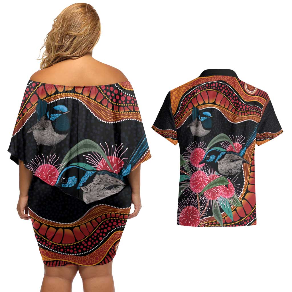 Hakea Flower And Fairy Wren Australia Couples Matching Off Shoulder Short Dress and Hawaiian Shirt Aboriginal Art
