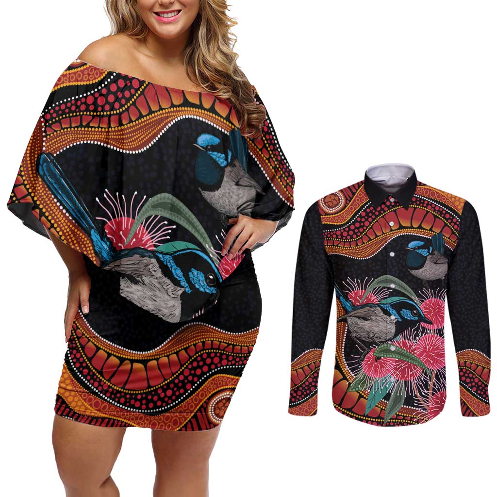 Hakea Flower And Fairy Wren Australia Couples Matching Off Shoulder Short Dress and Long Sleeve Button Shirt Aboriginal Art
