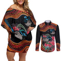 Hakea Flower And Fairy Wren Australia Couples Matching Off Shoulder Short Dress and Long Sleeve Button Shirt Aboriginal Art