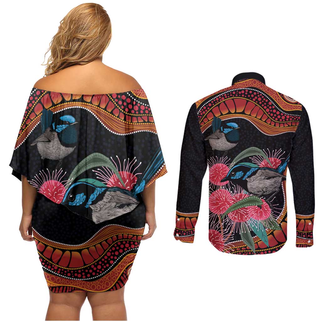 Hakea Flower And Fairy Wren Australia Couples Matching Off Shoulder Short Dress and Long Sleeve Button Shirt Aboriginal Art