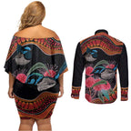 Hakea Flower And Fairy Wren Australia Couples Matching Off Shoulder Short Dress and Long Sleeve Button Shirt Aboriginal Art