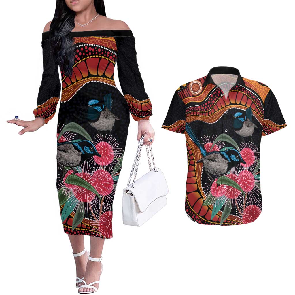 Hakea Flower And Fairy Wren Australia Couples Matching Off The Shoulder Long Sleeve Dress and Hawaiian Shirt Aboriginal Art