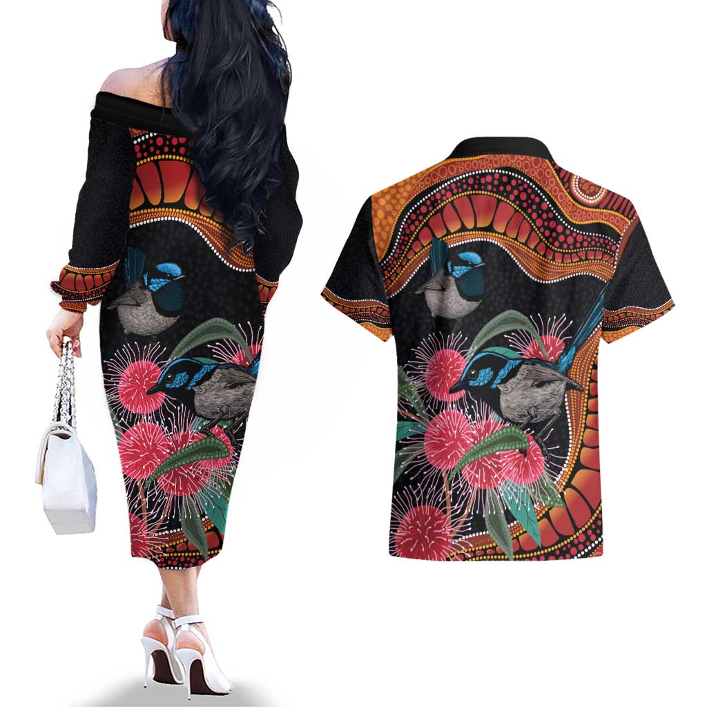 Hakea Flower And Fairy Wren Australia Couples Matching Off The Shoulder Long Sleeve Dress and Hawaiian Shirt Aboriginal Art