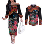 Hakea Flower And Fairy Wren Australia Couples Matching Off The Shoulder Long Sleeve Dress and Long Sleeve Button Shirt Aboriginal Art