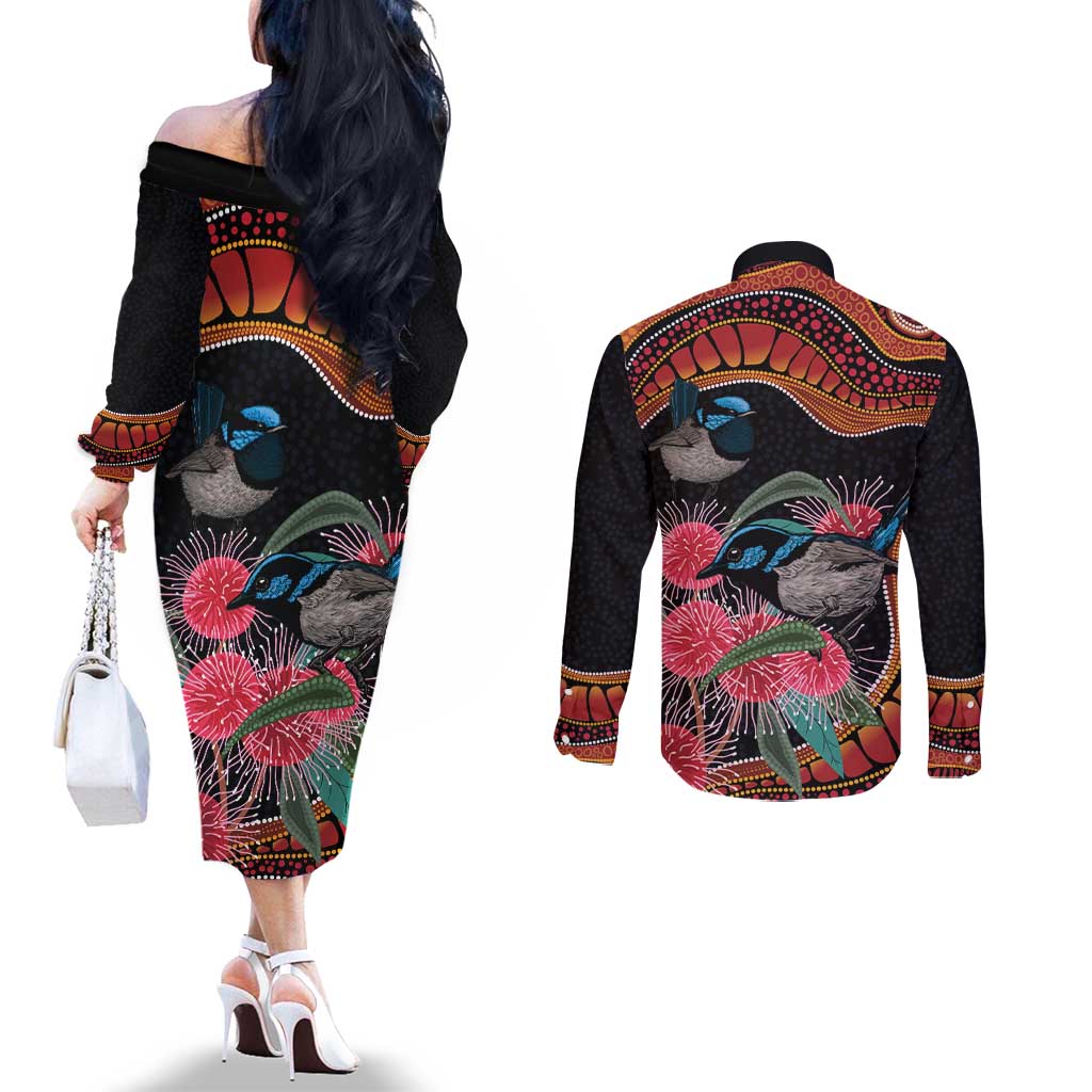 Hakea Flower And Fairy Wren Australia Couples Matching Off The Shoulder Long Sleeve Dress and Long Sleeve Button Shirt Aboriginal Art