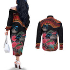Hakea Flower And Fairy Wren Australia Couples Matching Off The Shoulder Long Sleeve Dress and Long Sleeve Button Shirt Aboriginal Art