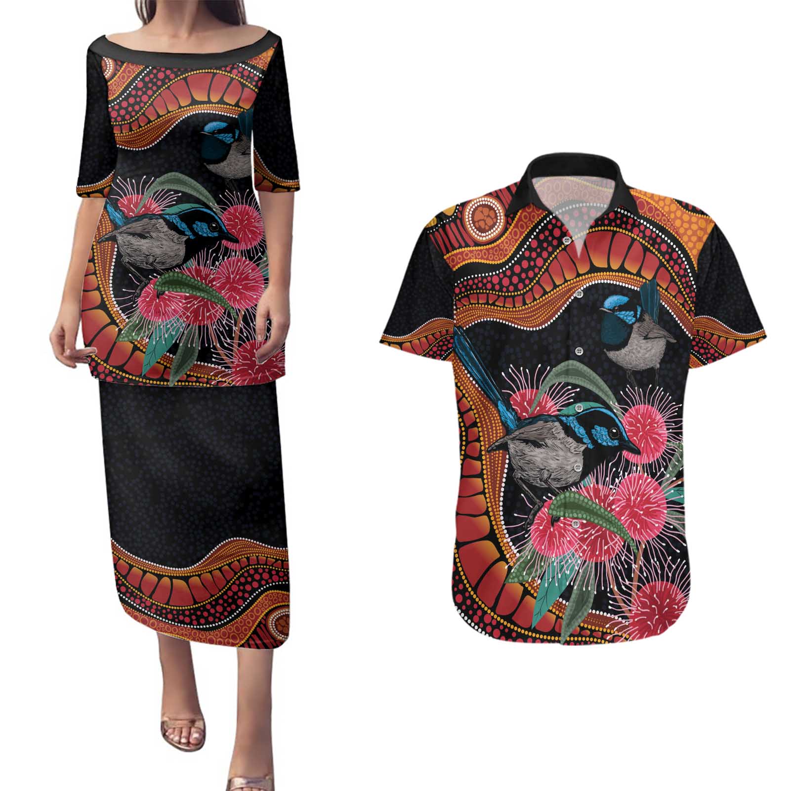 Hakea Flower And Fairy Wren Australia Couples Matching Puletasi and Hawaiian Shirt Aboriginal Art